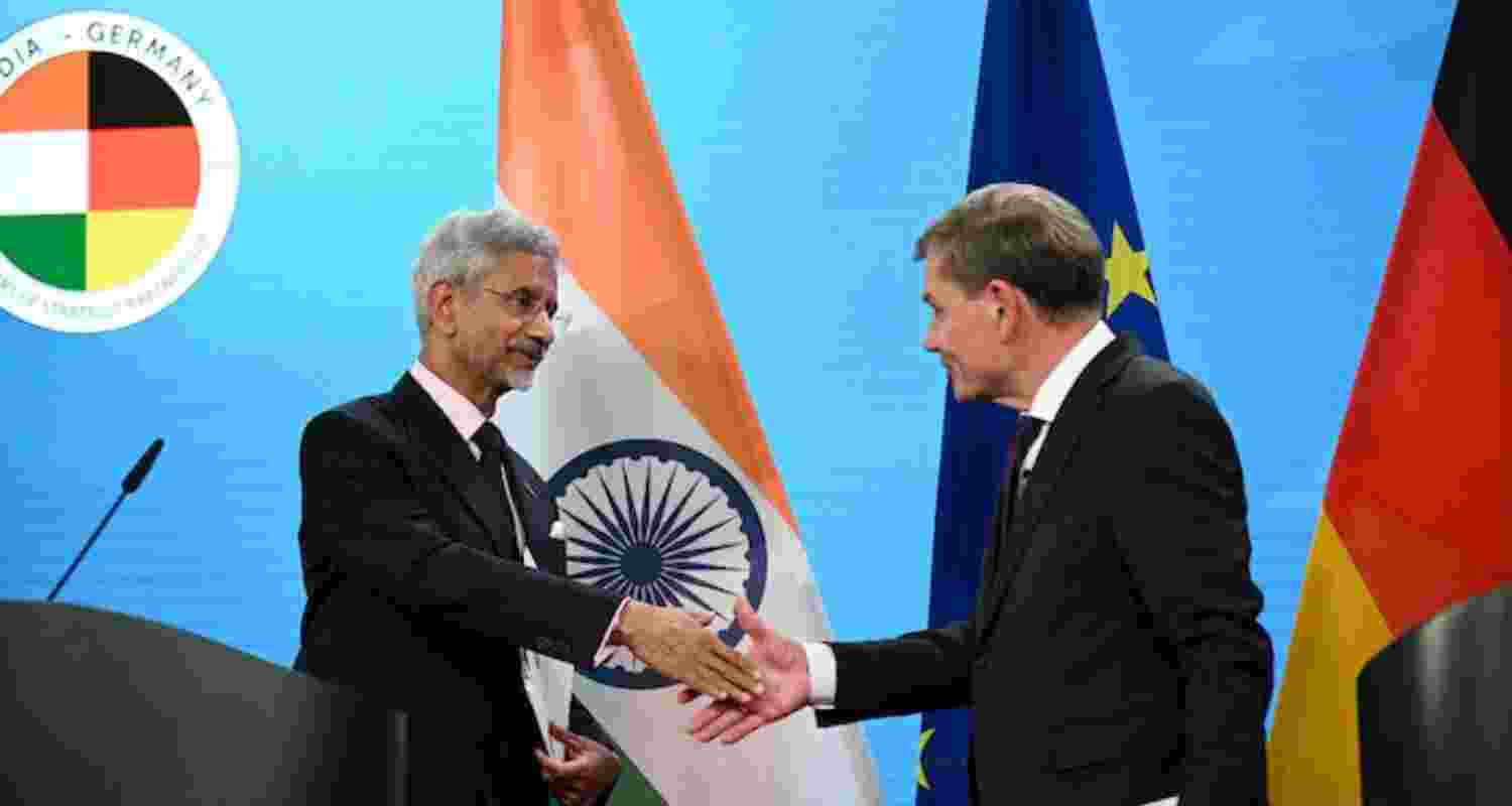German Foreign Minister Johann Wadephul and Indian Foreign Minister Subrahmanyam Jaishankar shake hands following talks in Berlin.