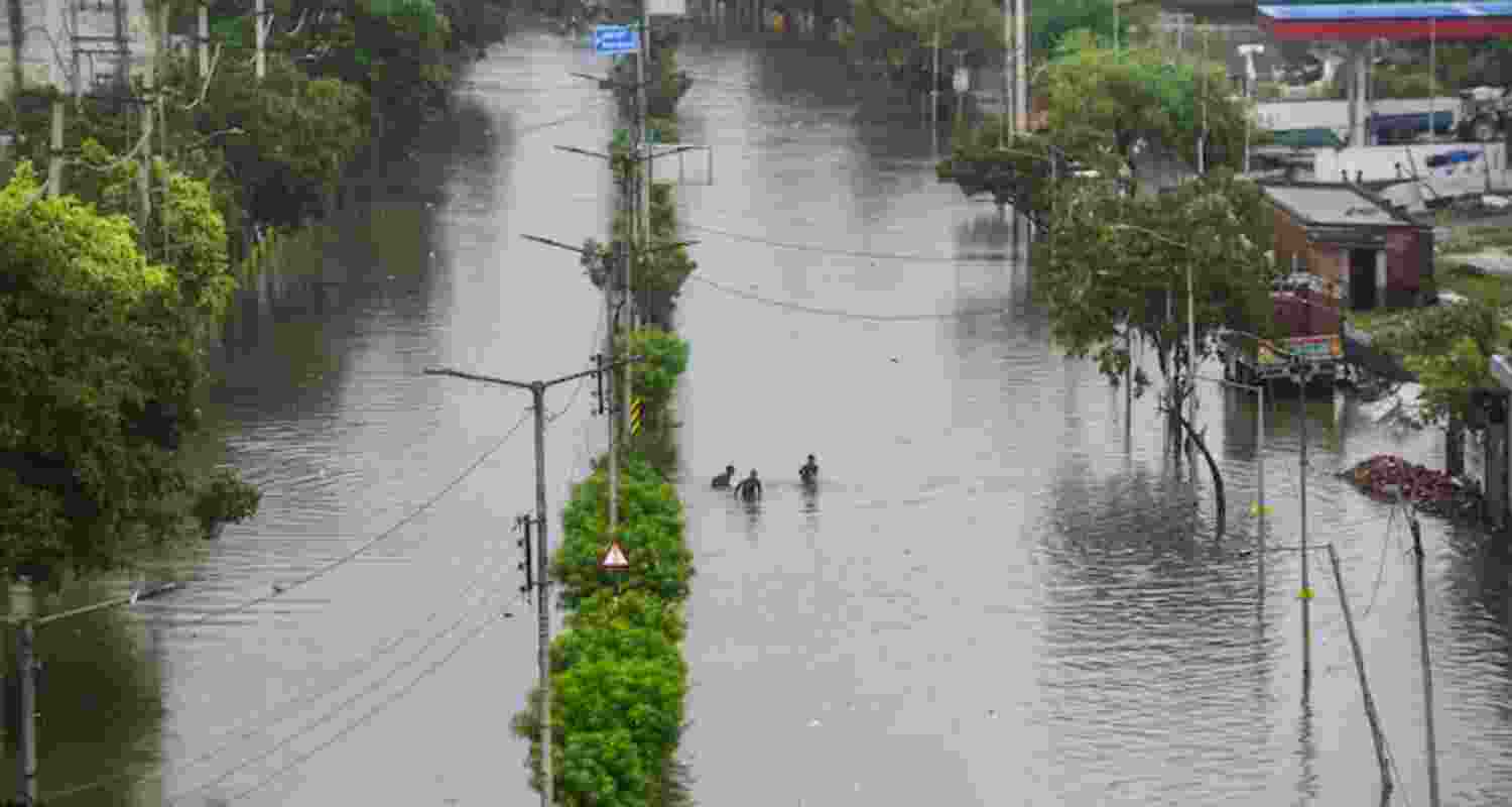 People make their way through a submerged area after heavy rain in Jalandhar, Punjab.