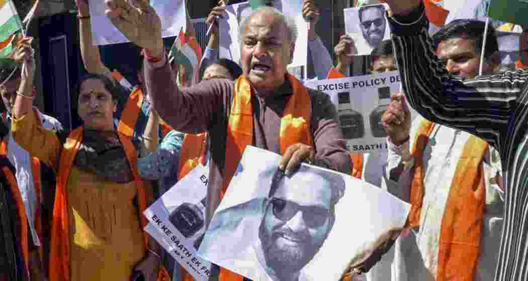 Members of the Shiv Sena Dogra Front protest against Aam Aadmi Party (AAP) MLA Mehraj Malik over his alleged objectionable remarks against a particular religion in the Jammu and Kashmir Assembly, in Jammu, Friday, March 21, 2025. 
