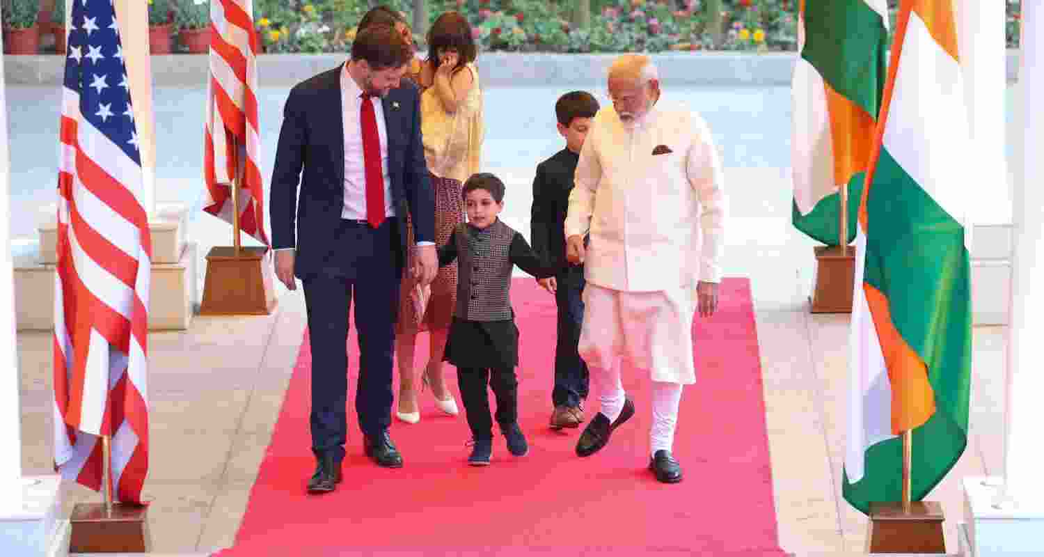 PM Modi welcomes US Vice President JD Vance and Second Lady Usha Vance and their children to his official residence at Lok Kalyan Marg in Delhi.