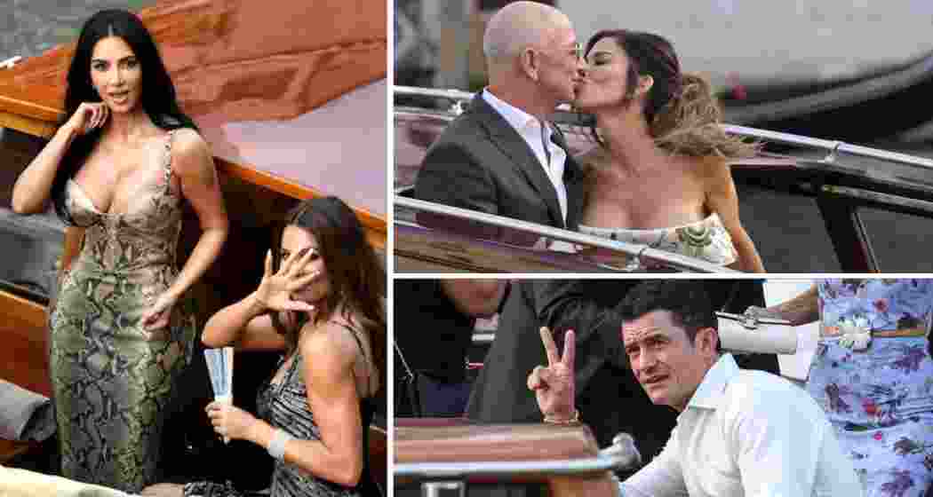 (Clockwise from left) The Kardashians arrive in Venice; Jeff Bezos and Lauren Sanchez share a kiss before their wedding; Orlando Bloom seen after landing in the city.