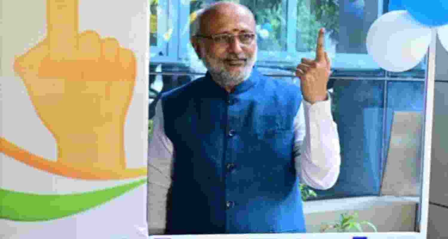 Jharkhand Governor CP Radhakrishnan poses for a picture after casting his vote in Ranchi on Saturday.