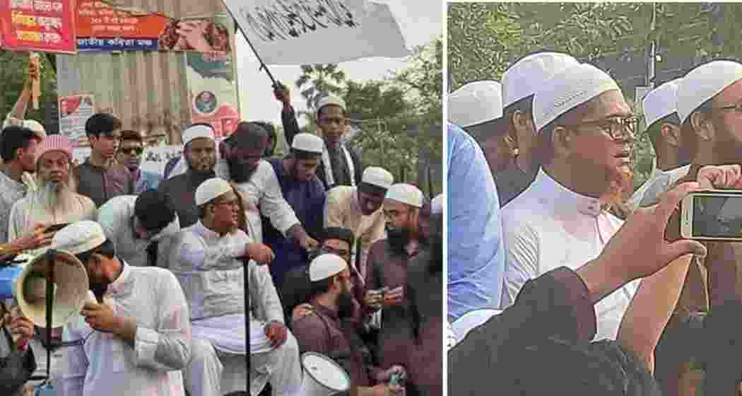 Militant leader Jasim Uddin Rahmani, chief of the globally banned ABT (holding a stick), seen at a Dhaka protest, raising fears of rising extremism and regional instability.