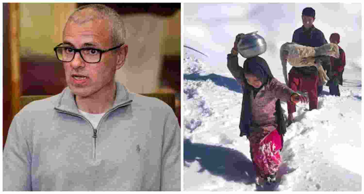 Jammu and Kashmir Chief Minister Omar Abdullah (L). The womenfolk of these families, mostly farmers and cattle rearers, have been left with no option but to trek the snow-bound treacherous terrain in groups in search of water. File photos.