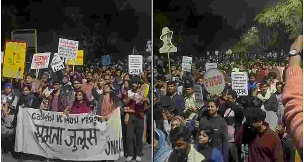 Jawaharlal Nehru University students raise slogans and stage on the university campus in New Delhi.