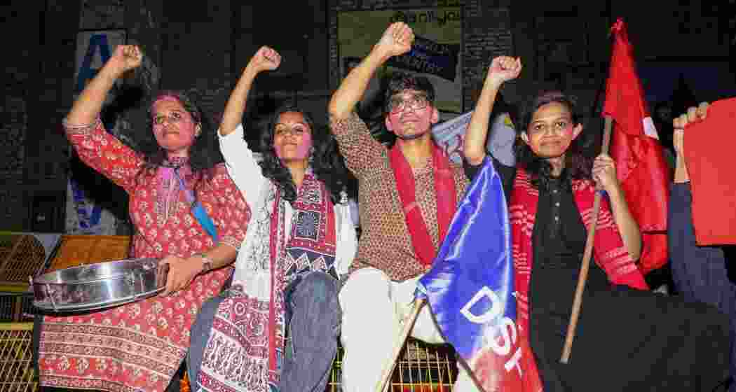 Aditi Mishra (President, SFI), K. Gopika (Vice-President, SFI), Sunil Yadav (General Secretary, DSF) and Danish Ali (Joint Secretary, AISA) celebrate their victory in the JNUSU elections, in New Delhi, Thursday.
