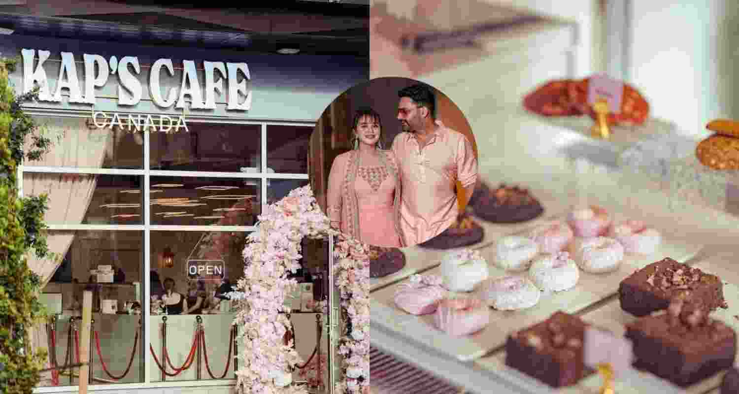 Comedian Kapil Sharma’s café in Surrey and (inset) Kapil with his wife.