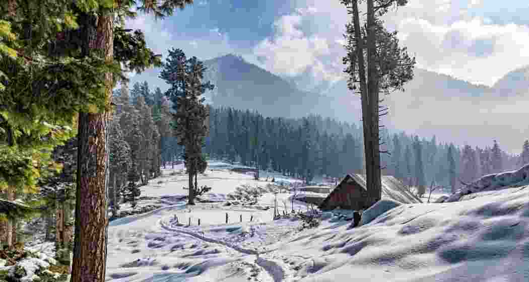 A serene yet frozen landscape in the Kashmir Valley that is currently grapples with sub-zero temperatures during an intense cold wave. Tourists brave the icy chill to witness the winter wonderland.
