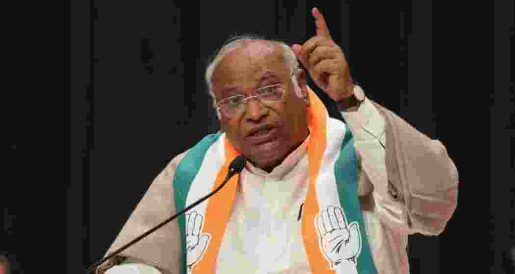 A file photo of Congress president Mallikarjun Kharge addressing a gathering.