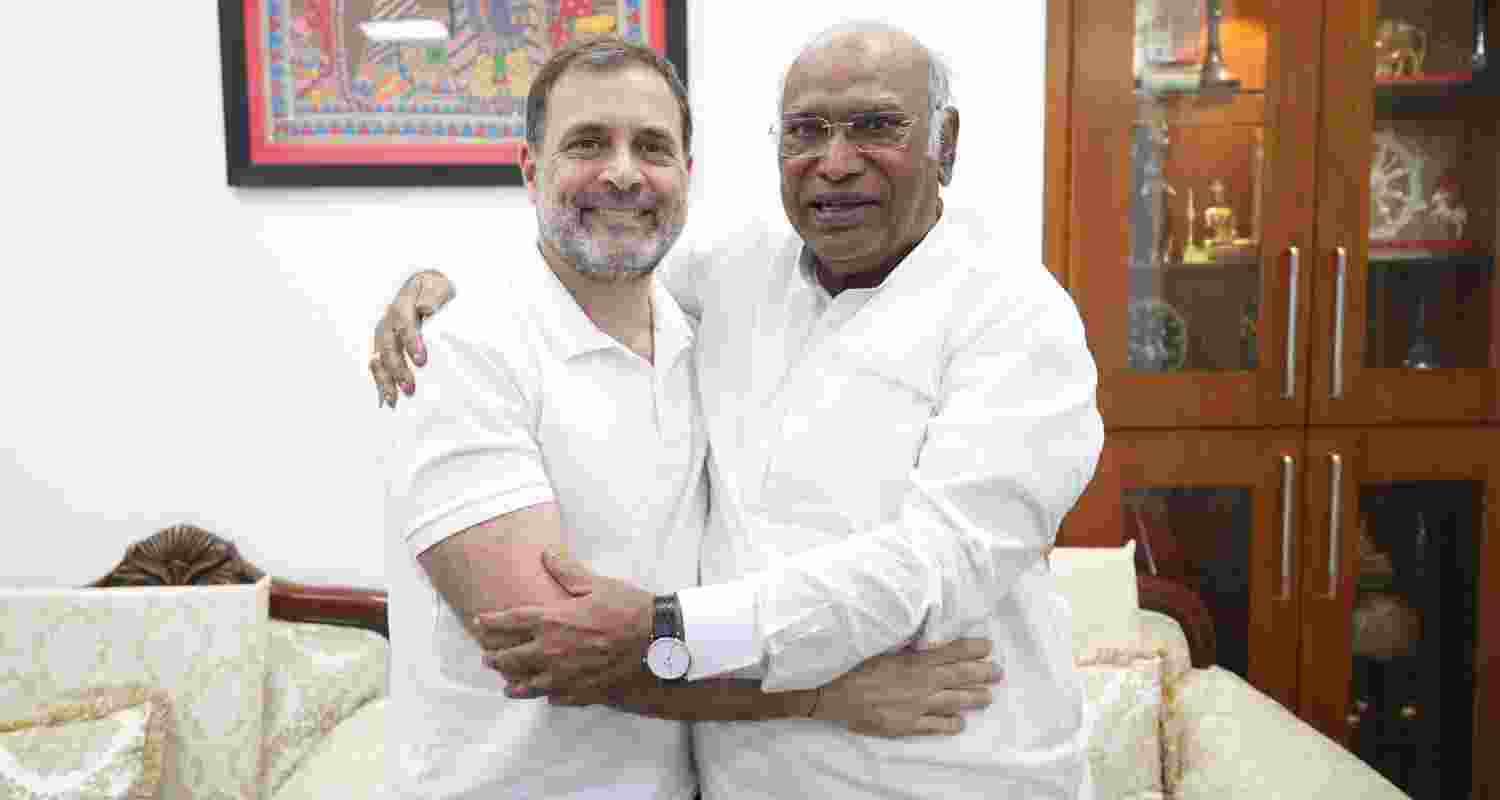 Congress president Mallikarjun Kharge with Leader of Opposition in the Lok Sabha Rahul Gandhi. Image: X