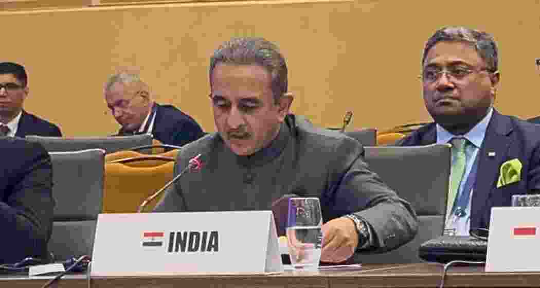MoS External Affairs Kirti Vardhan Singh addresses the NAM Ministerial Committee on Palestine in Kampala.