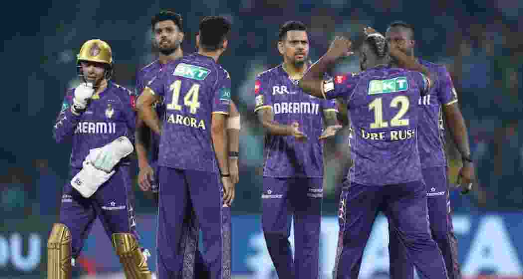 Sunil Narine celebrates after dismissing Faf du Plessis, turning the match in Kolkata Knight Riders’ favour during their 14-run win over Delhi Capitals at the Arun Jaitley Stadium in New Delhi.

