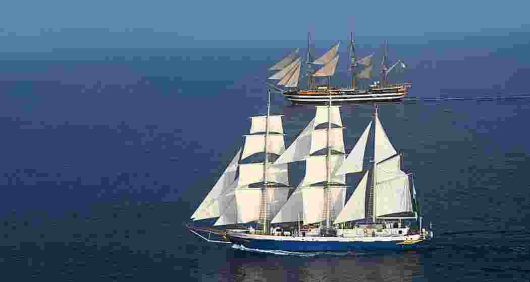 INS Tarangini and Amerigo Vespucci sail together off the Kochi coast.