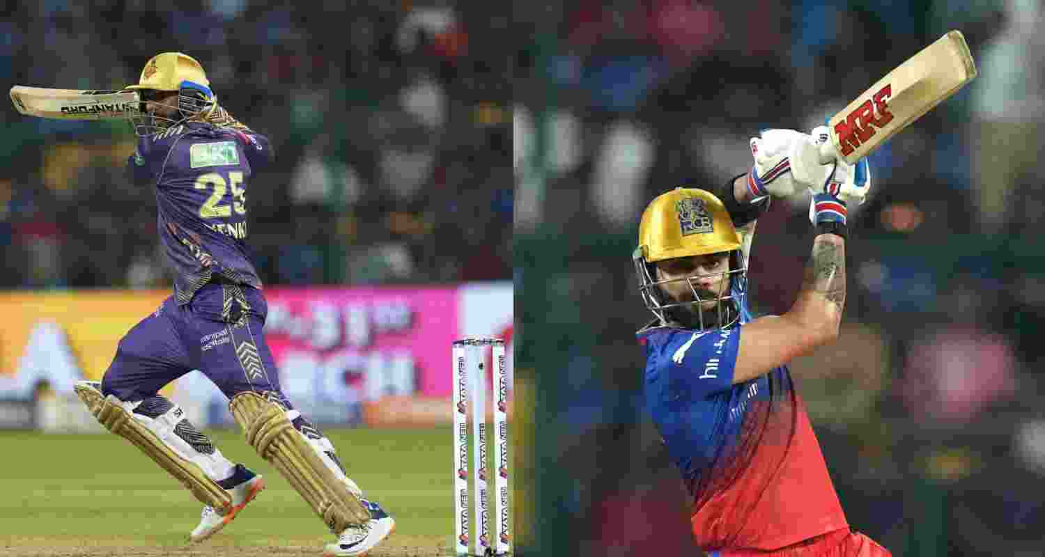 Venkatesh Iyer(left) and Virat Kohli (right) play a shot during the RCB-KKR contest on 29th March.