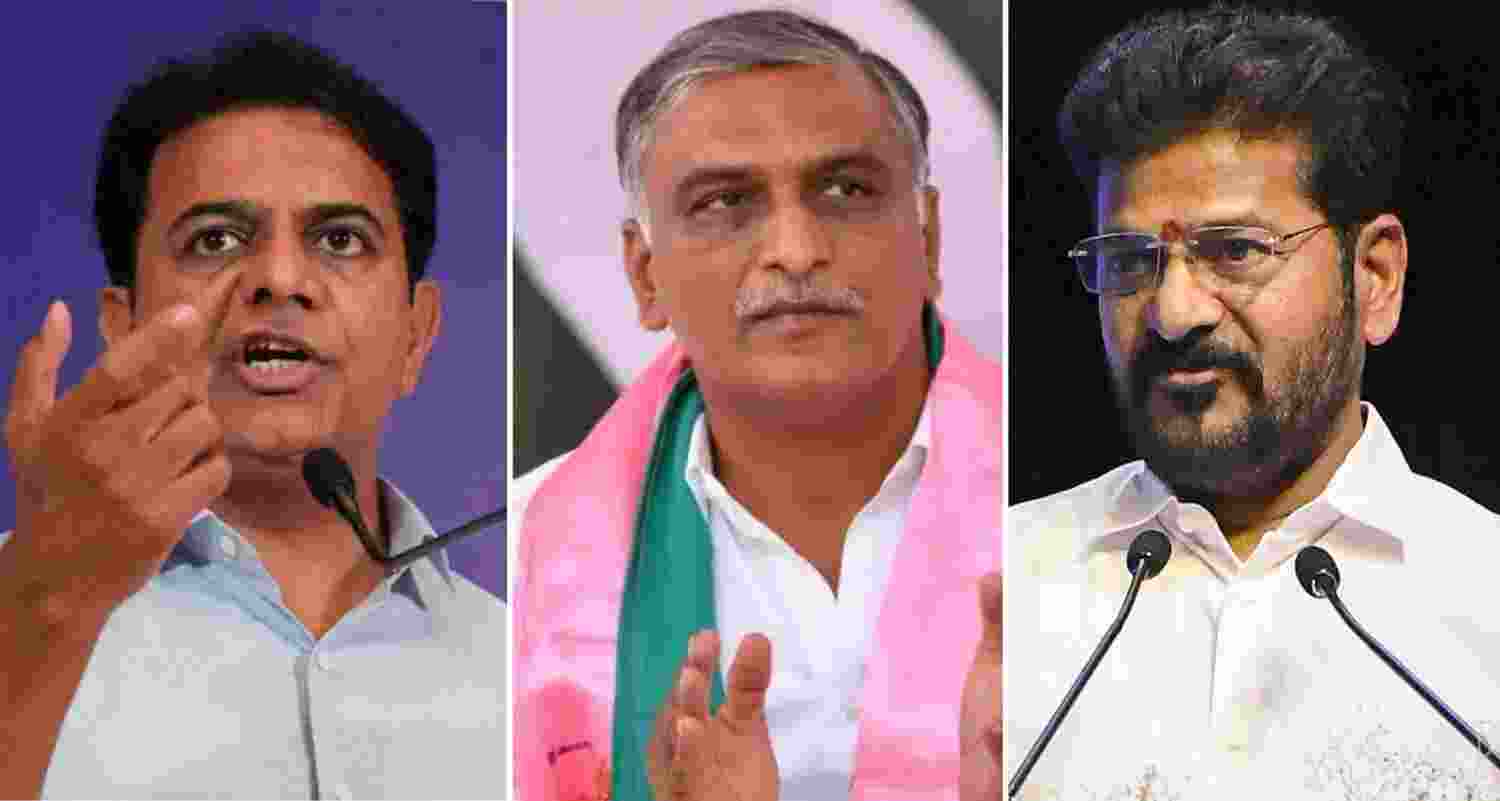 (From left to right) BRS leaders KT Rama Rao and T Harish Rao and Telangana Chief Minister A Revanth Reddy.