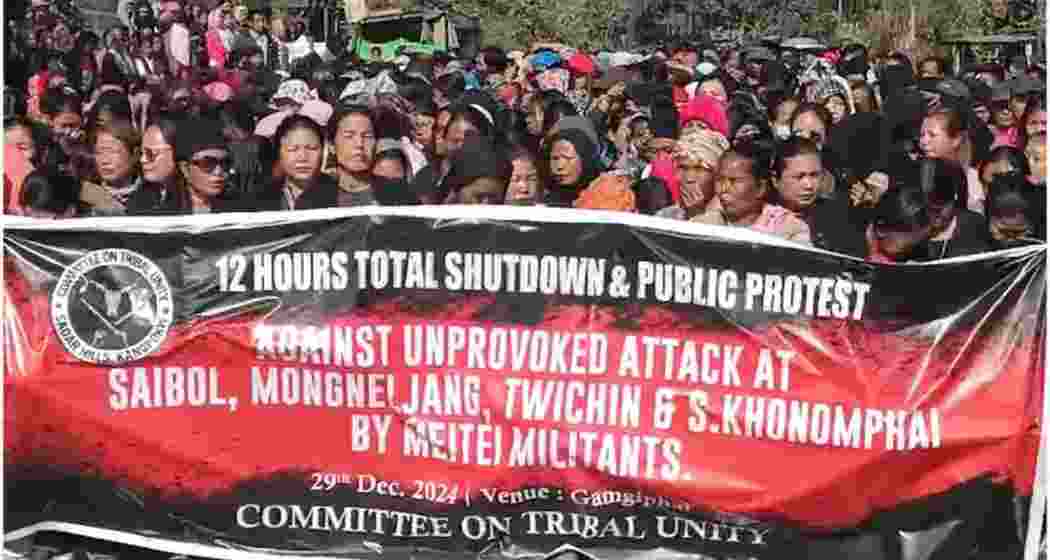 Kuki-Zo tribal community members gather at Kangpokpi during a mass protest on December, 29, 2024, against perceived government neglect, calling for the withdrawal of central forces and immediate attention to their demands.