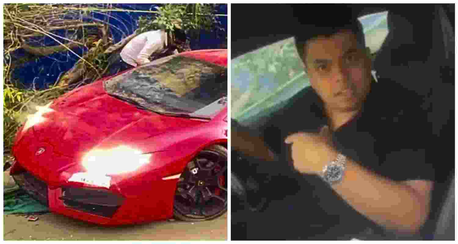 The Lamborghini involved in the accident in Noida’s Sector 94, where two pedestrians were injured. The accused driver, arrested by police, was seen asking if anyone had died before stepping out.