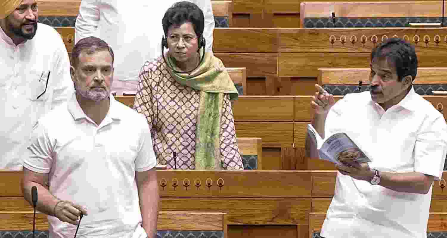 Leader of Opposition Rahul Gandhi with Congress MP KC Venugopal, in the Lok Sabha during the second part of Budget session of Parliament, in New Delhi, Wednesday, March 11, 2026. 