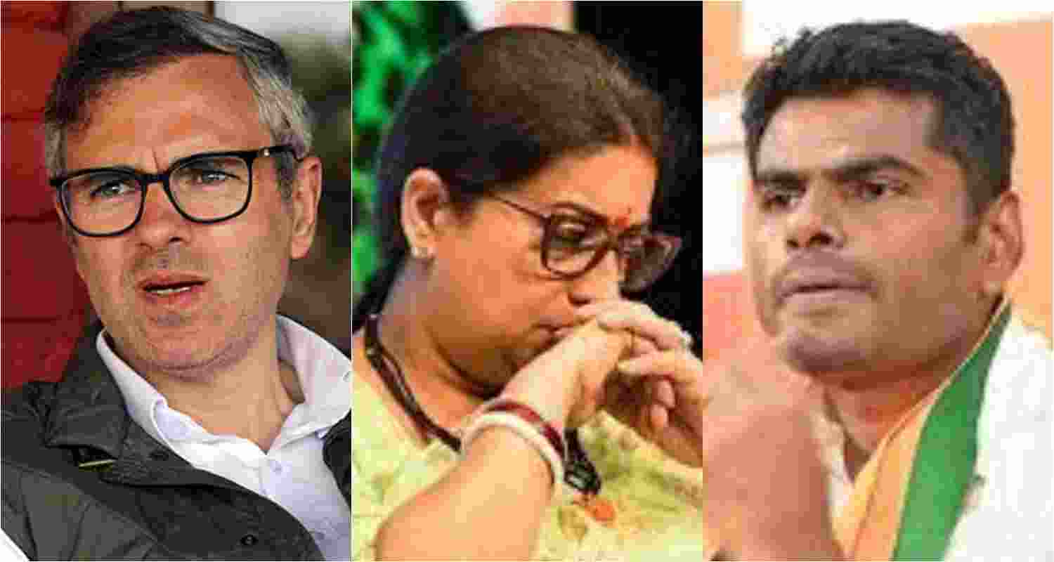 (From right) Jammu and Kashmir National Conference leader Omar Abdullah, BJP leader Smriti Irani, BJP's Coimbatore nominee, K Annamalai.