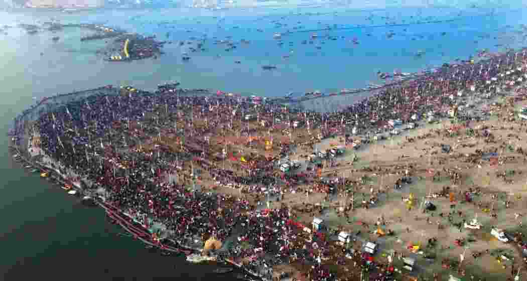 An aerial view of devotees taking a holy dip at Sangam during the ongoing ‘Maha Kumbh Mela’ festival, in Prayagraj, Uttar Pradesh.