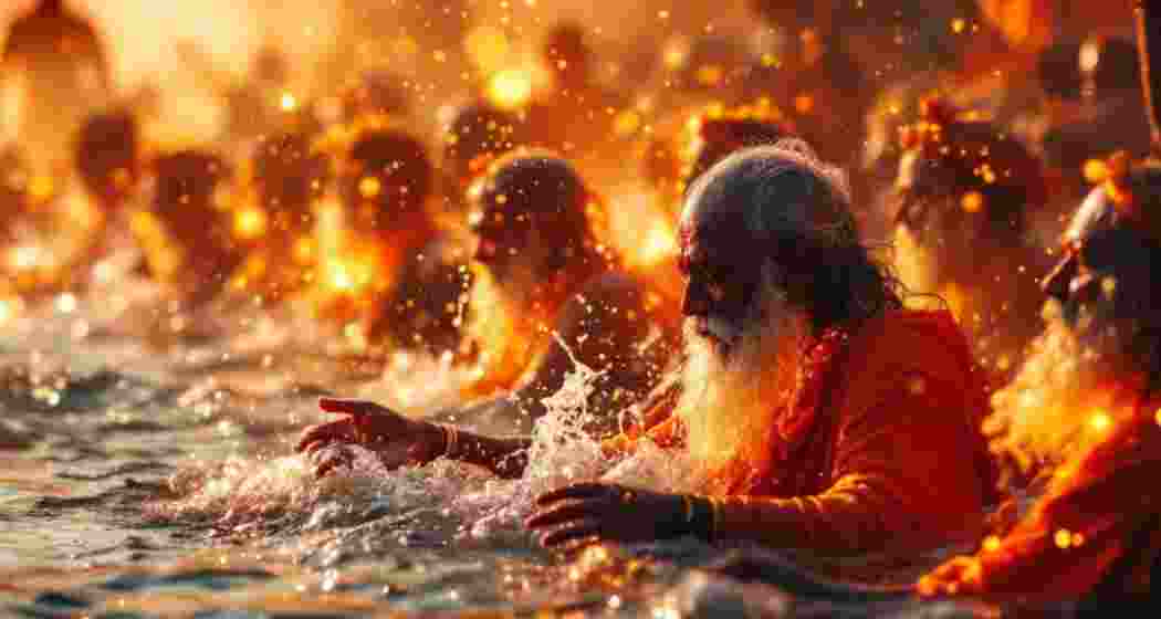 Sadhus take a dip at the sacred Triveni Sangam in Prayagraj during Maha Kumbh 2025.
