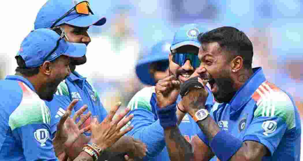 ICC Champions Trophy 2025: India’s Hardik Pandya, captain Rohit Sharma and teammates celebrate a wicket during the ICC Champions Trophy 2025- Group A match against Pakistan, at Dubai International Cricket Stadium in Dubai on Sunday. (ICC-X)