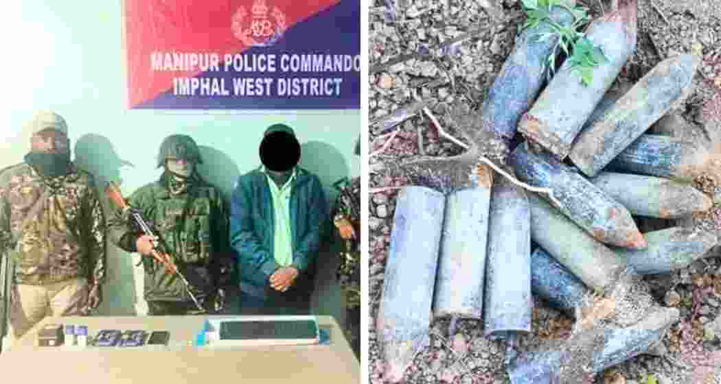 KYKL cadre detained by security forces (left) and recovered bombs, later neutralised, in Imphal East district.”