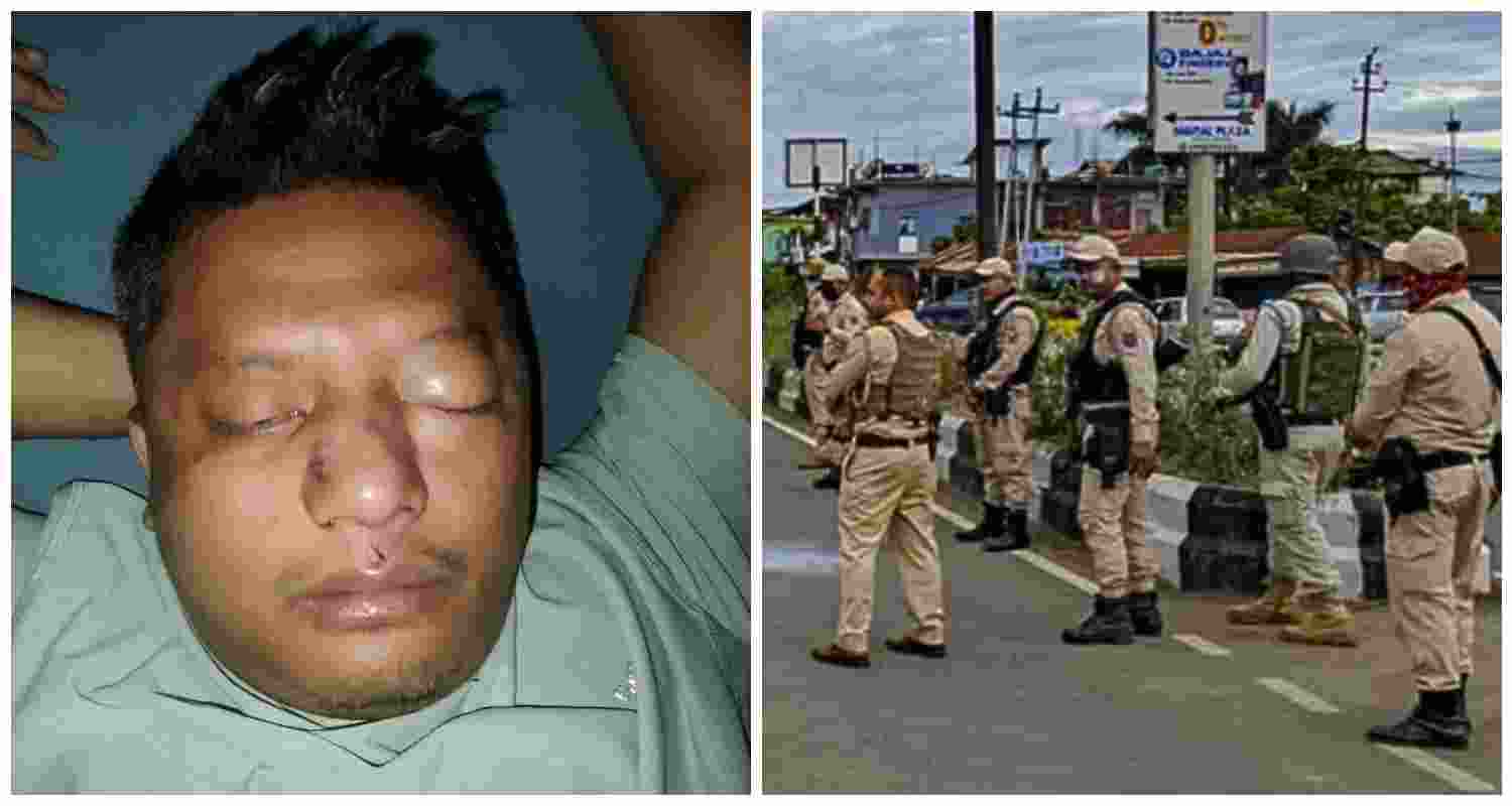 Police personnel patrol the streets of Churachandpur as tensions rise following the assault of Hmar tribal leader Richard Hmar, with locals demanding swift action against the perpetrators.