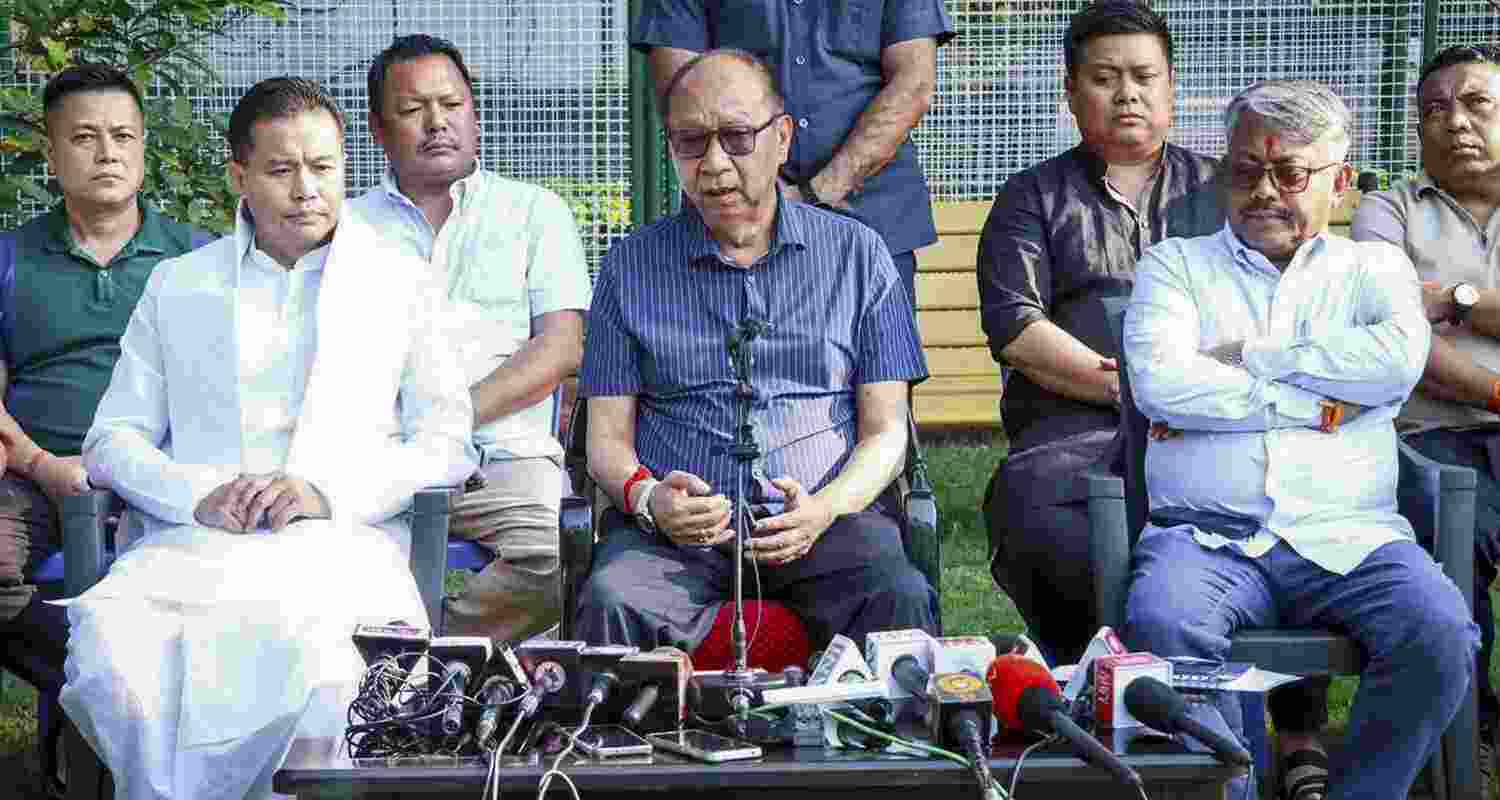 In this image posted on April 7, 2026, Manipur Chief Minister Yumnam Khemchand Singh addresses a press conference on the decision to hand over the Tronglaobi bomb attack case to the National Investigation Agency, in Imphal.