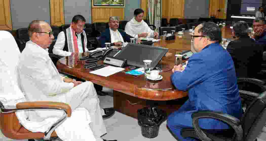 Manipur Chief Minister Yumnam Khemchand Singh chairs the first Cabinet meeting of his government following his swearing-in ceremony at the Cabinet Hall of the Chief Minister's Secretariat, in Imphal on Wednesday.