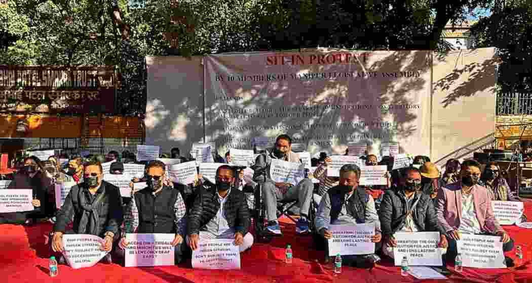 Kuki MLAs holding a silent sit-in protest at Jantar Mantar in New Delhi, demanding better treatment and direct development funds for the hill districts of Manipur on December 10, 2024.