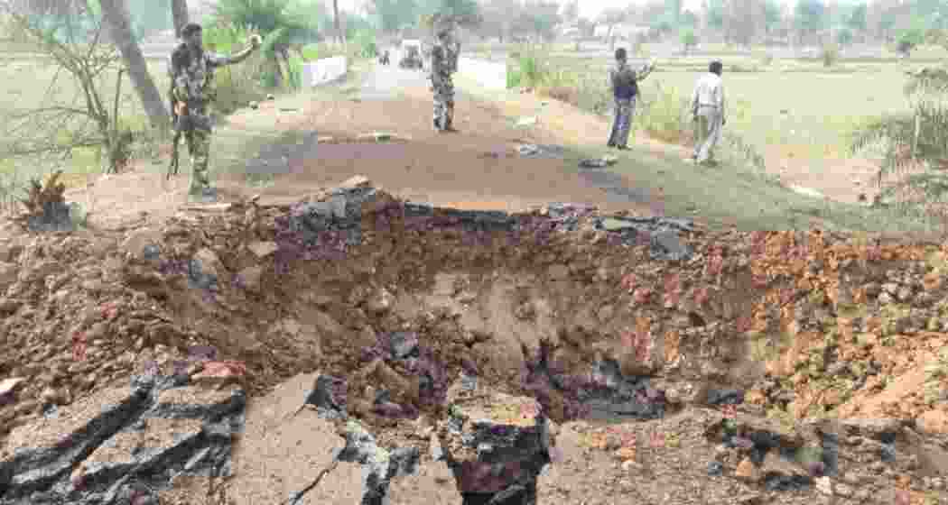 Photo from the spot in Bijapur where an IED blast killed eight DRG jawans and one driver.
