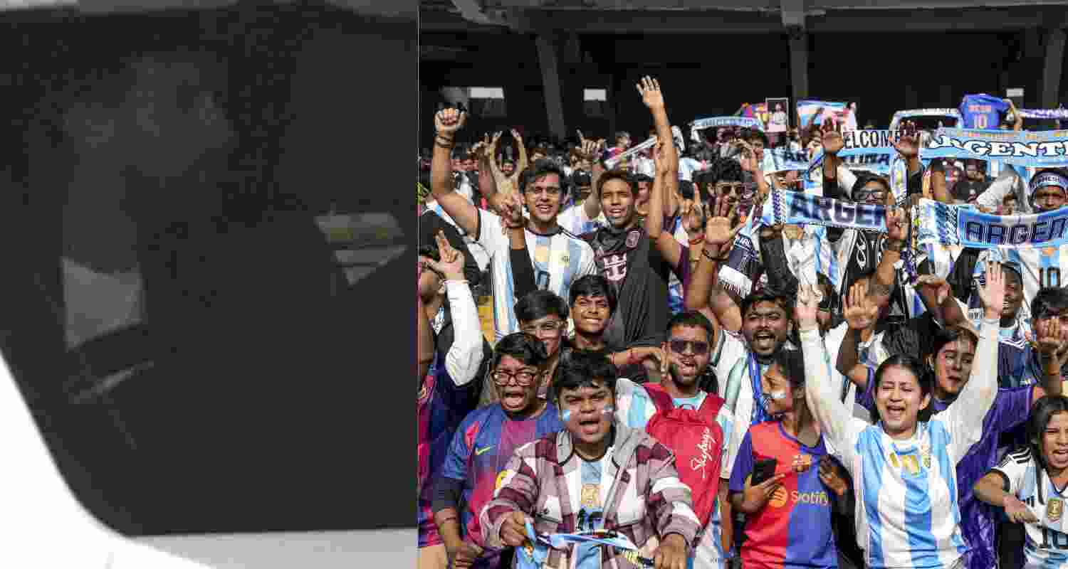 Argentine footballer Lionel Messi upon his arrival at Kolkata airport, early Saturday morning, Dec. 13, 2025. Messi is scheduled to begin his three-day, four-city 'G.O.A.T. India Tour 2025' from Kolkata.
