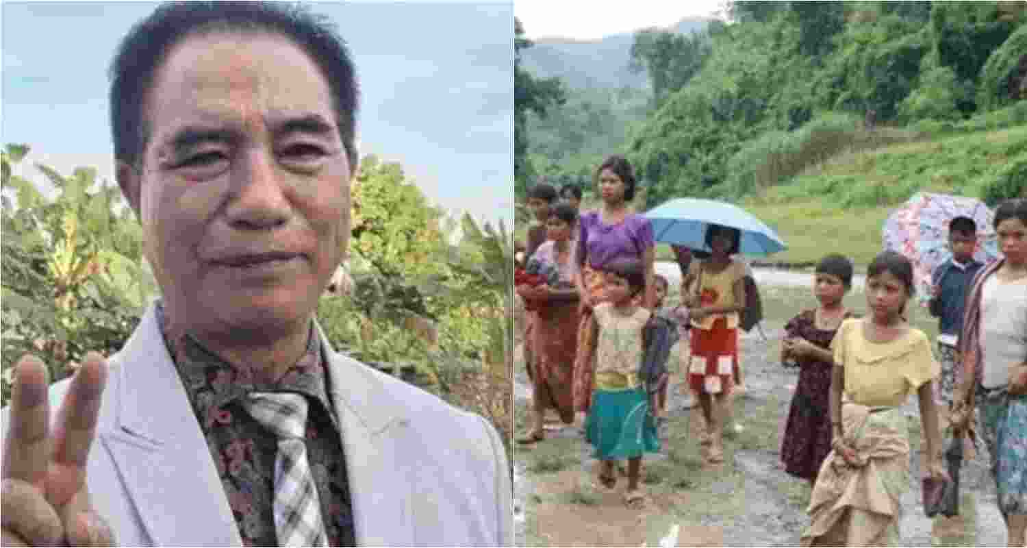 Mizoram's Chief Minister Lalduhoma along with Defence Minister Rajnath Singh. Refugees from Myanmar.