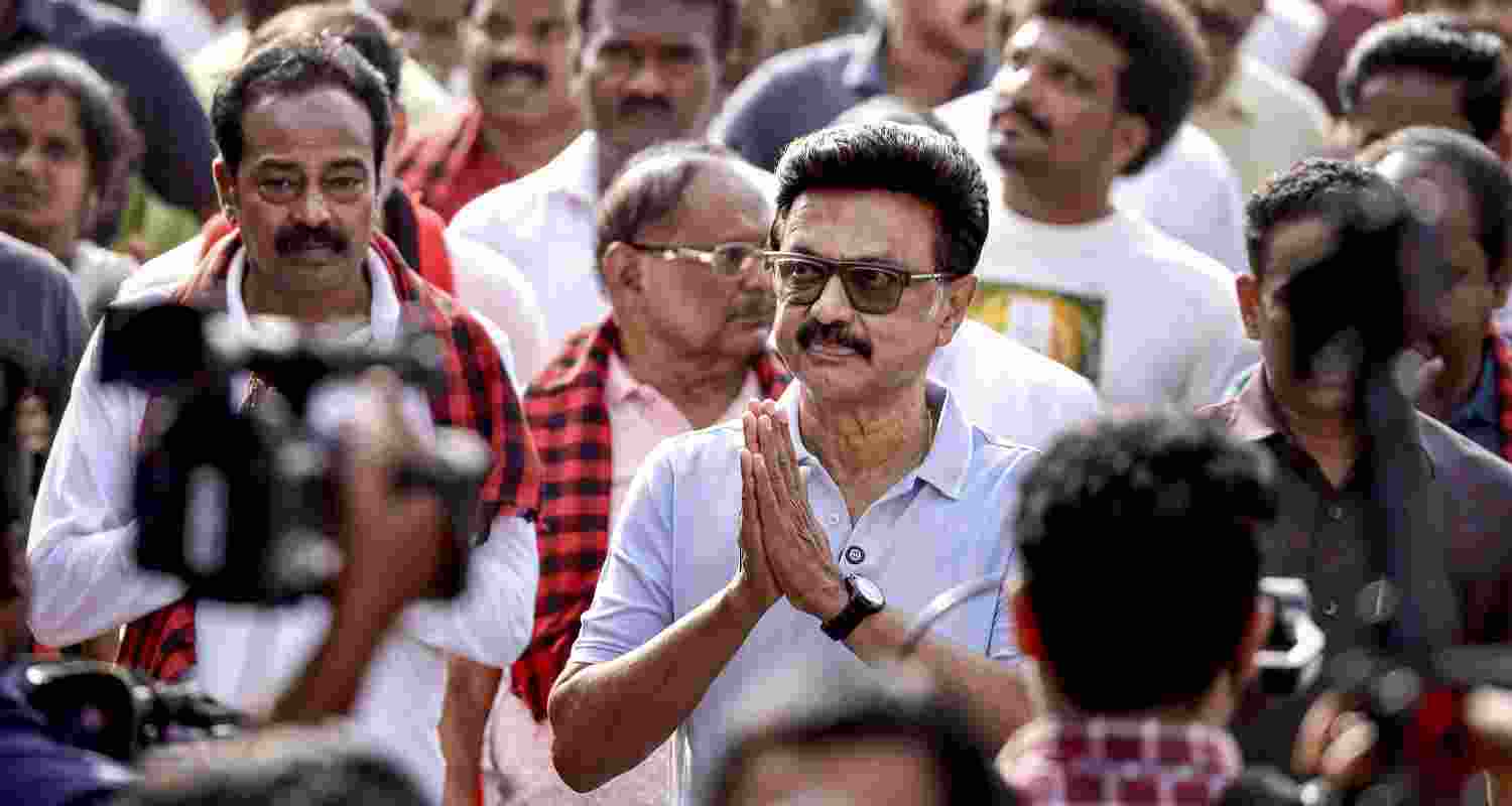 Tamil Nadu Chief Minister and DMK candidate from Kolathur constituency, MK Stalin, during a voter outreach ahead of the state Assembly elections, in Pudukkottai, Saturday. 