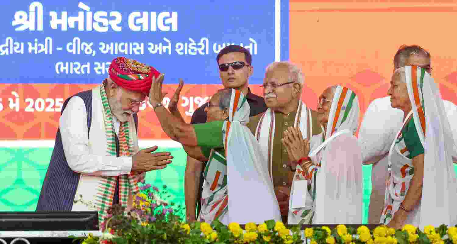 Prime Minister Narendra Modi during the inauguration and foundation stone laying ceremony of various developmental works, in Bhuj, Gujarat, Monday.