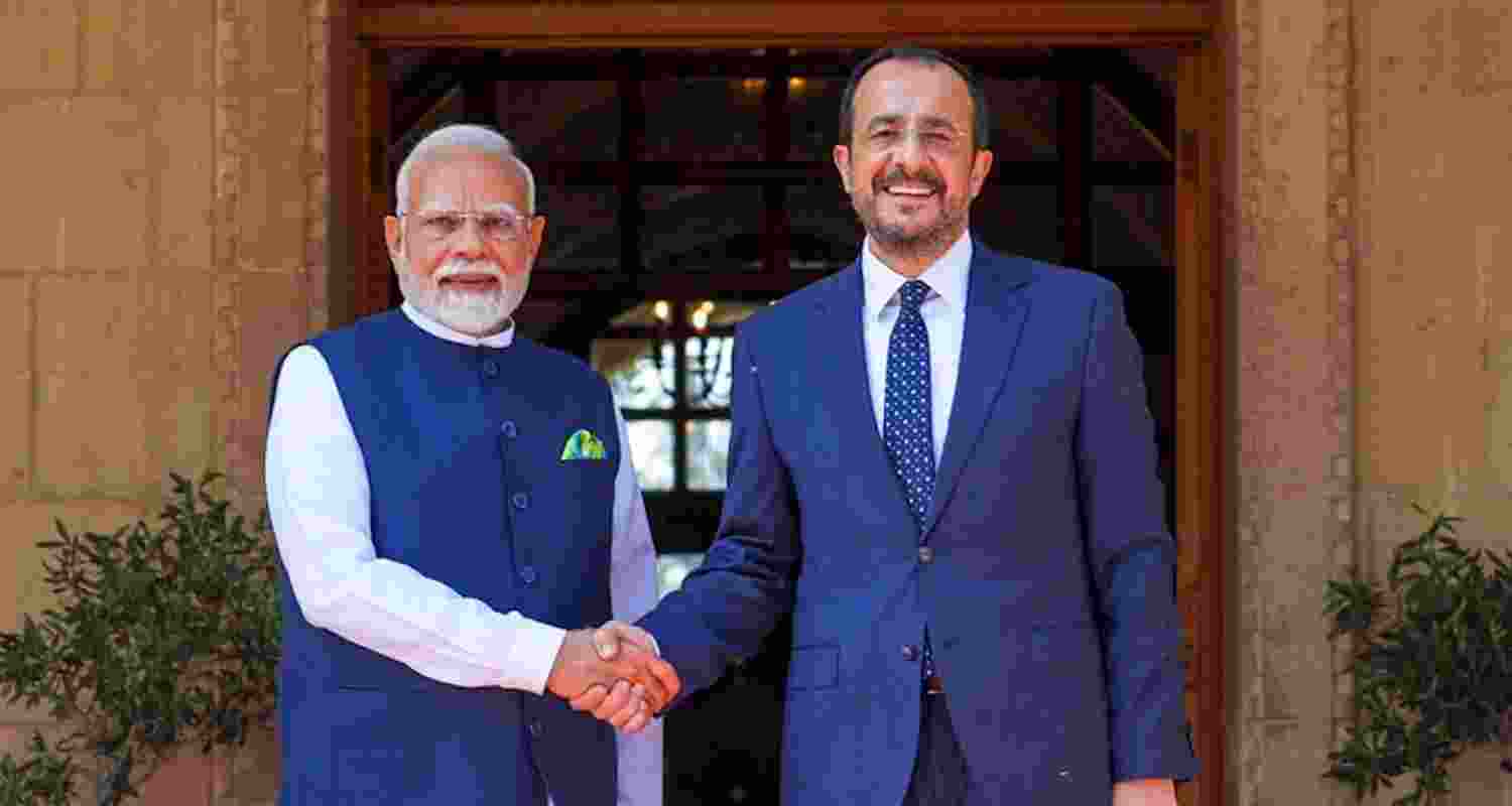 Prime Minister Narendra Modi with President of Cyprus Nikos Christodoulides during his ceremonial welcome at Presidential Palace at Nicosia, in Cyprus.