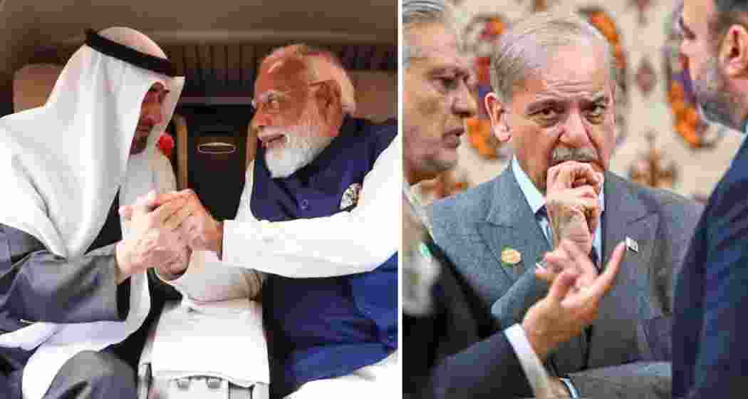 Prime Minister Narendra Modi with UAE President Sheikh Mohamed bin Zayed Al Nahyan in New Delhi during the latter’s recent visit. (L) Pakistani Prime Minister Shehbaz Sharif waits before a meeting with Russian President Vladimir Putin in Ashgabat, Turkmenistan. (R)