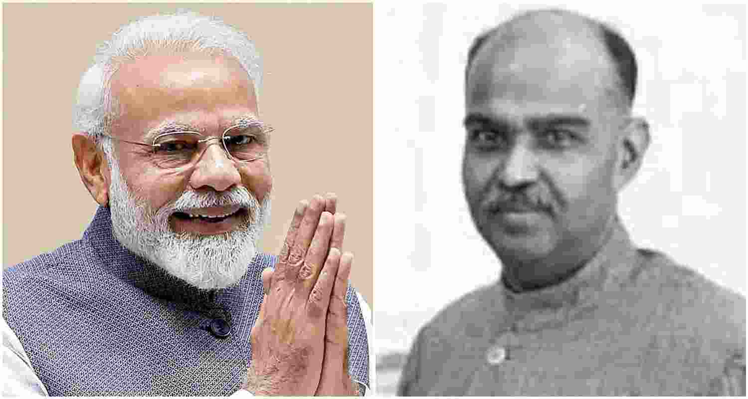 Prime Minister Narendra Modi (L), Syama Prasad Mookerjee, key founder of the Bharatiya Jana Sangh—the precursor to the Bharatiya Janata Party (R).