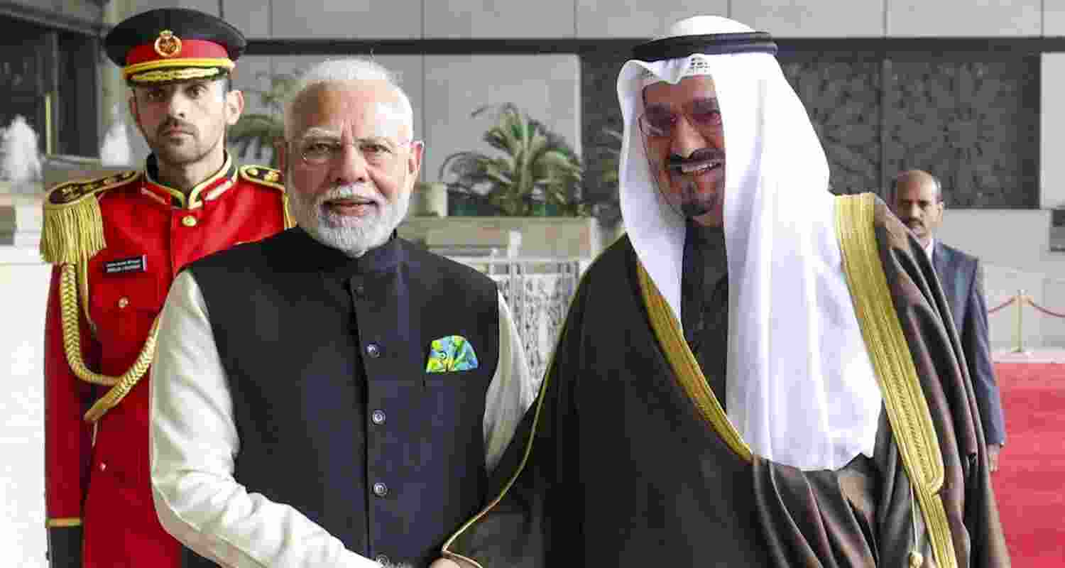 Prime Minister Narendra Modi with the Emir of Kuwait Sheikh Meshal Al-Ahmad Al-Jaber Al-Sabah during the opening ceremony of the 26th Arabian Gulf Cup, in Kuwait. 