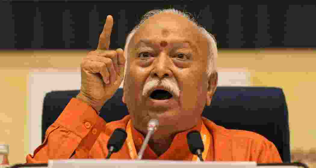 RSS chief Mohan Bhagwat addresses a gathering during an event. (Image: PTI)