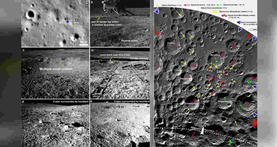 Visuals of the 160-km wide crater discovered by Pragyan rover, revealing ancient geological secrets of the Moon's surface.