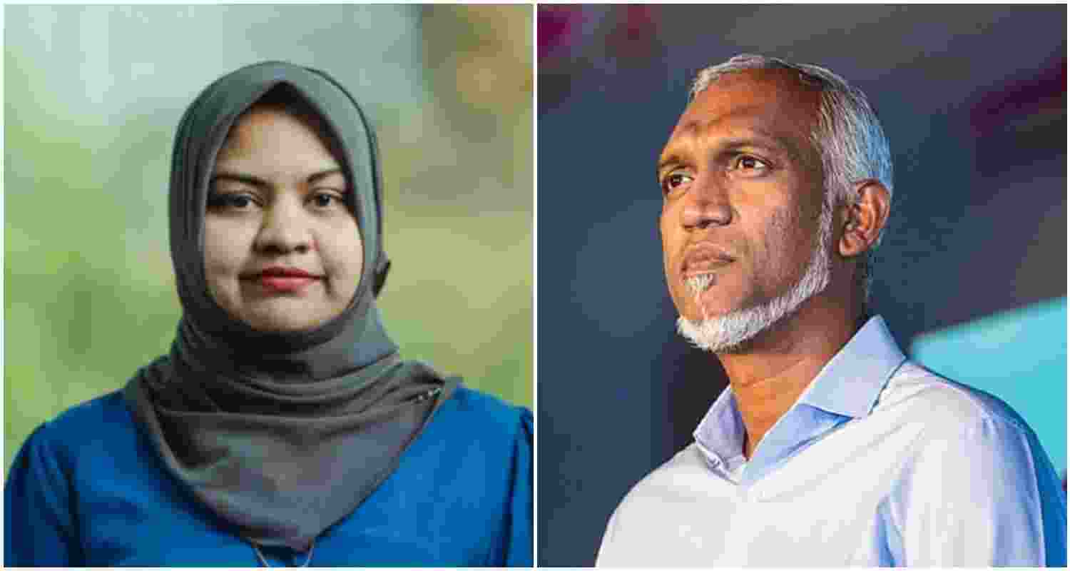 Maldives environment minister Fathima Shamnaz Ali Saleem (L), Maldives President Mohamed Muizzu (R).