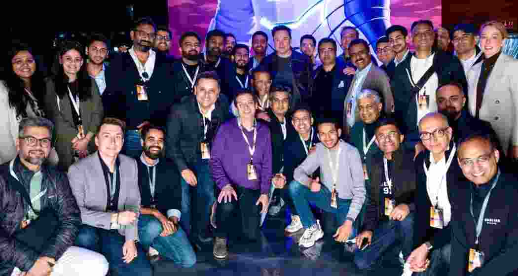 Elon Musk poses for a photograph with a delegation of Indian business leaders at the SpaceX’s Starbase in Texas. 