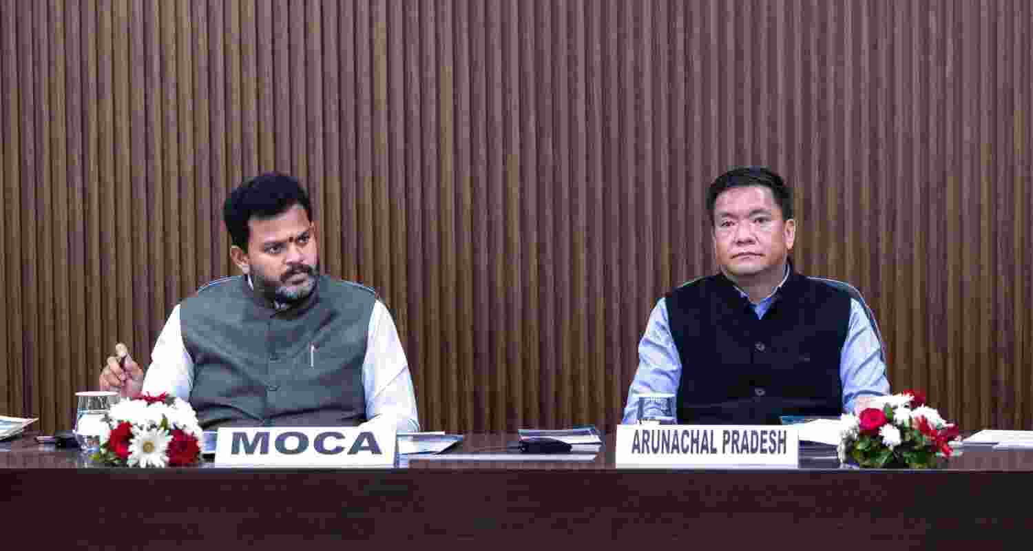 Union Ministry of Civil Aviation Rammohan Naidu with Arunachal Pradesh Chief Minister Pema Khandu during a meeting on regional development.