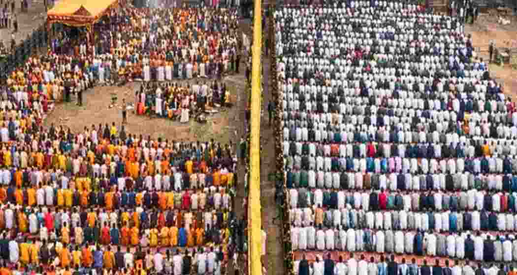 Puja and namaz being held simultaneously at the Bhojshala-Kamal Maula complex in Dhar on Friday.