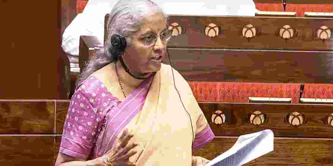 Union Finance Minister Nirmala Sitharaman speaks in the Rajya Sabha during the Monsoon session of Parliament.