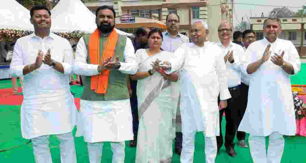 Bihar Chief Minister Nitish Kumar inaugurates the development projects worth ₹781 crore focusing on improvements in law and order, education, health, and agriculture during the Samridhi Yatra, in Bihar on Wednesday. Deputy Chief Minister Samrat Choudhary, Cabinet Minister Leshi Singh, and other leaders were also present. Photo: CMO Bihar via ANI