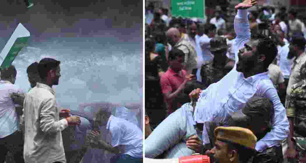 Scenes from Bhubaneswar show police using water cannons to disperse BJD workers protesting a college student’s death after alleged sexual harassment in Balasore on Wednesday.