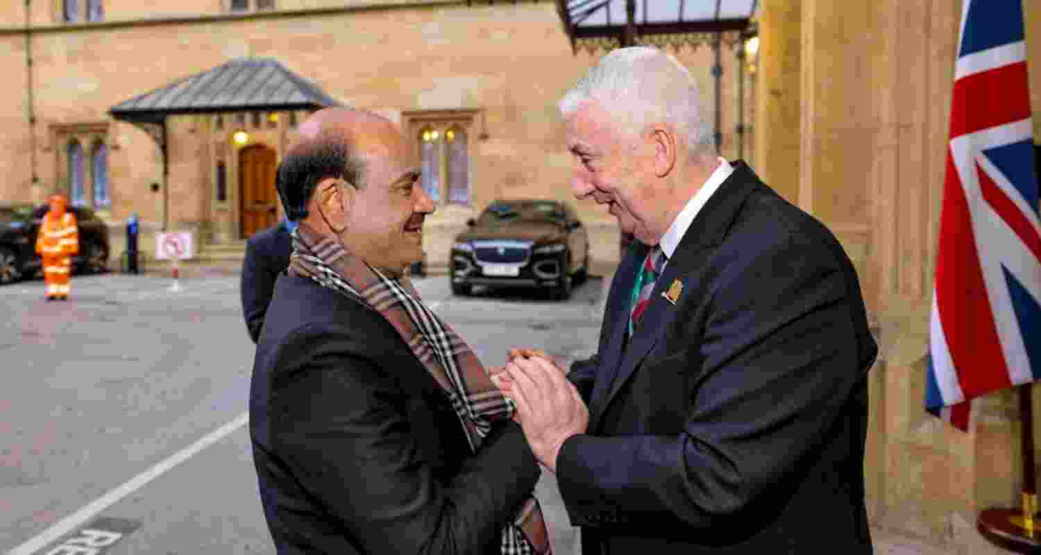 Image released by @ombirlakota via X on Wednesday. Lok Sabha Speaker Om Birla meets Speaker of the House of Commons Sir Lindsay Hoyle, in London. 